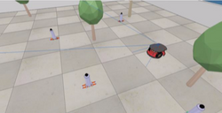Indoor environment of robot with static objects (trees) and dynamic objects (wheeled cylinders)