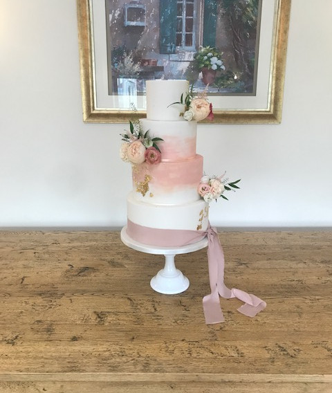 Blush pink and gold cake with silk ribbon