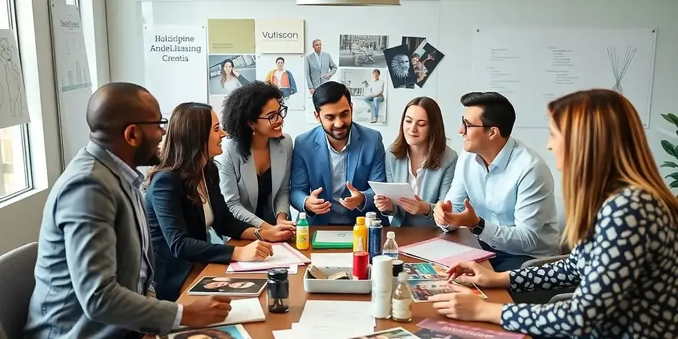 Diverse professionals collaborating in a modern office setting.