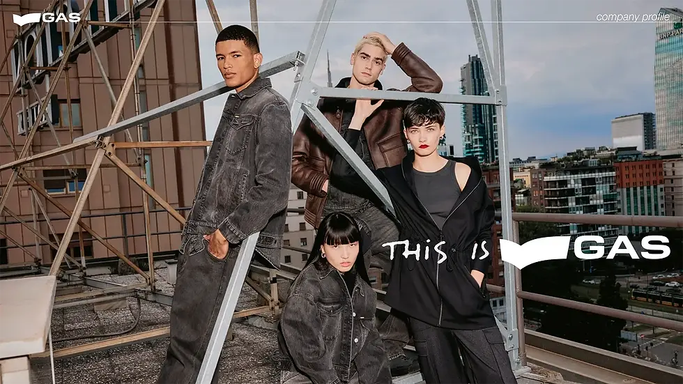 Four people in trendy dark clothing pose on a rooftop. Cityscape in the background. "This is GAS" text on the image. Modern vibe.