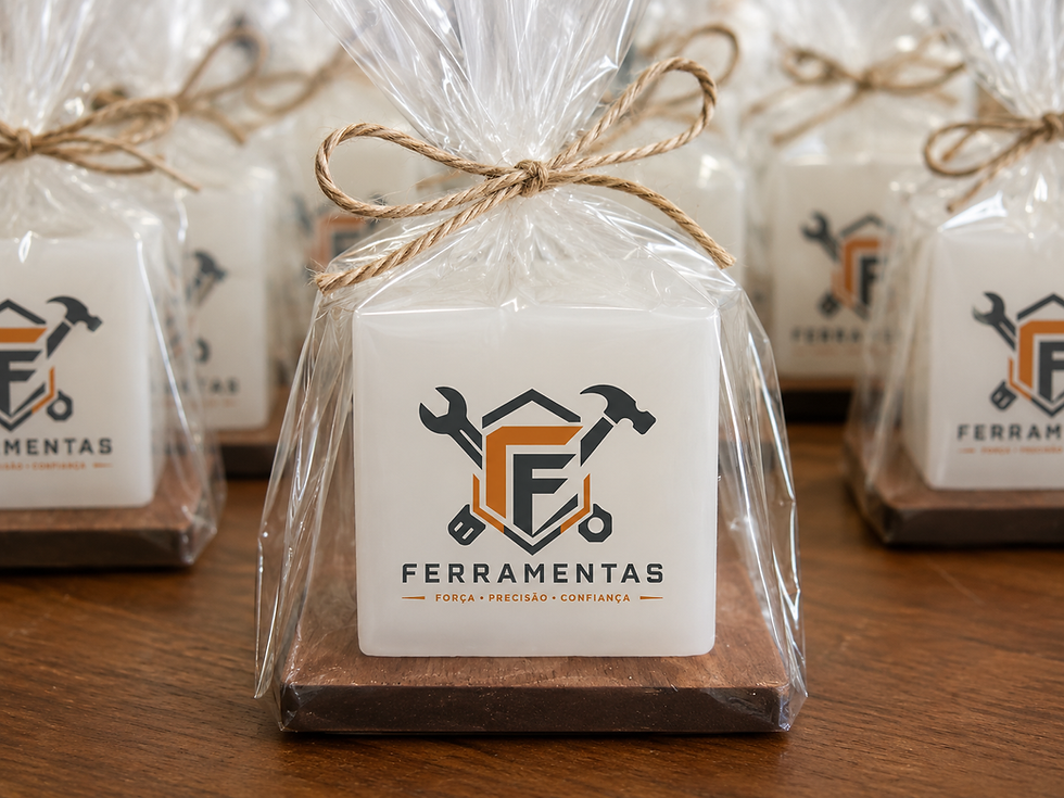 vela personalizada com logomarca e base de madeias para brinde empresarial e brinde de congressos