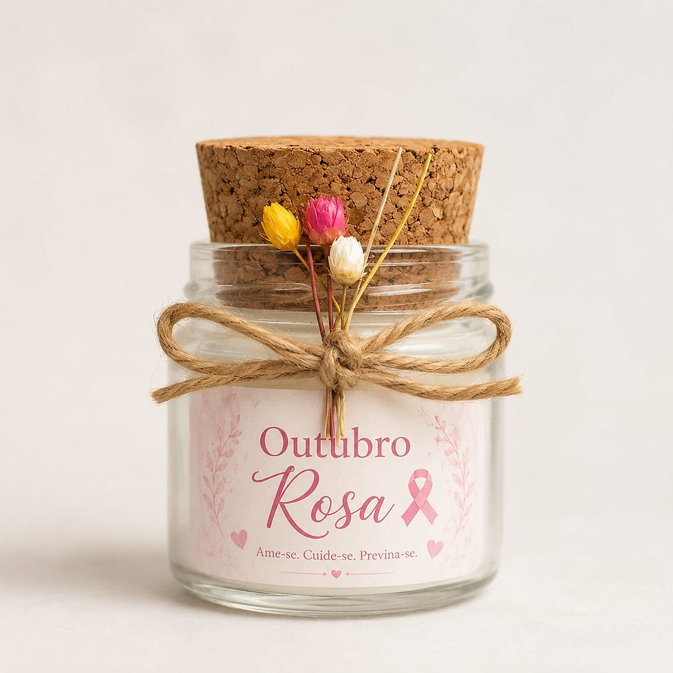 vela frasco personalizado para campanha outubro rosa decorada com laço e flores secas