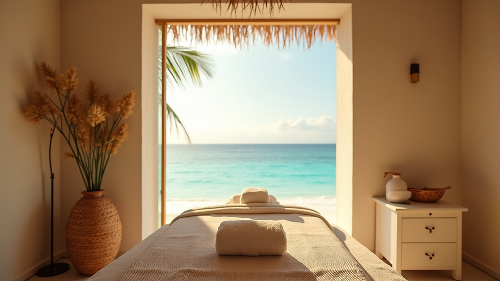 Vista frontal de una sala de masaje con luz natural y decoración relajante en Playa del Carmen