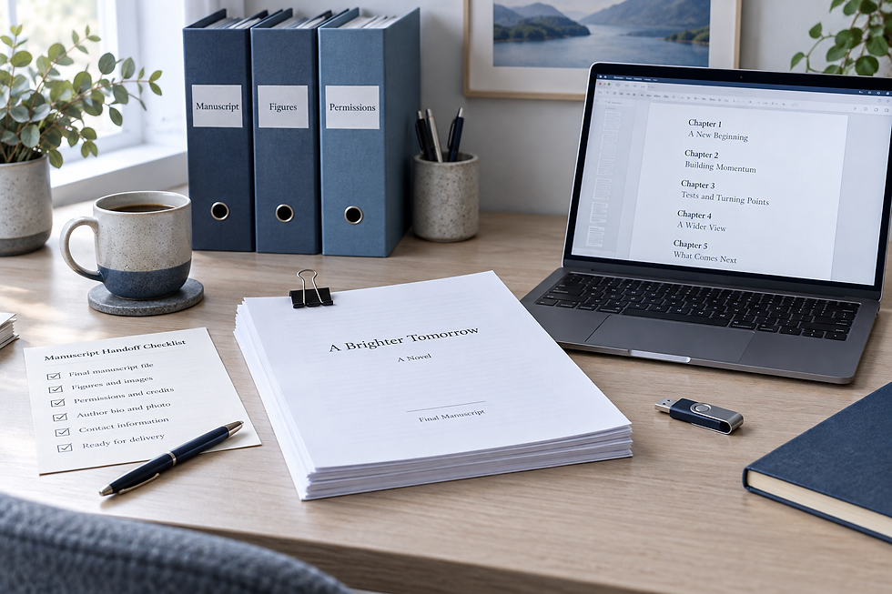 Concept illustration of a finished manuscript, chapter list and organized production folders on a desk.