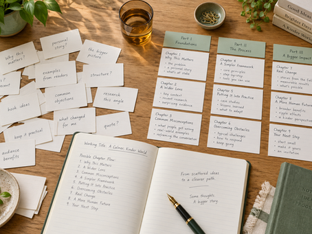 Concept illustration of loose idea cards arranged into chapter groups beside an open notebook.