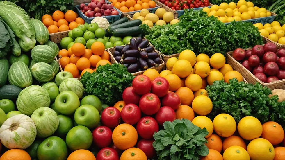 Close-up view of organic fruits and vegetables in a market