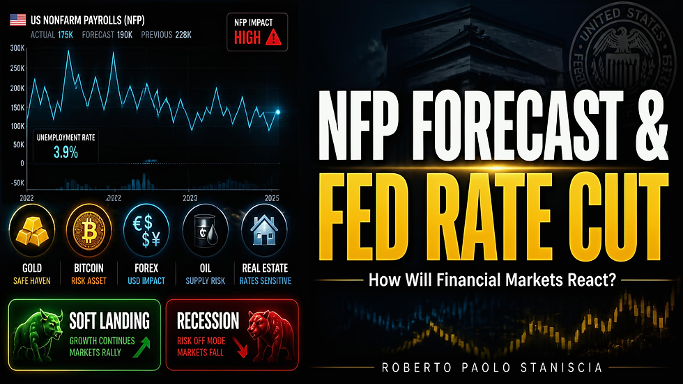 Grafico e testo con titolo "NFP Forecast & Fed Rate Cut" per analisi finanziaria e previsioni di mercato.