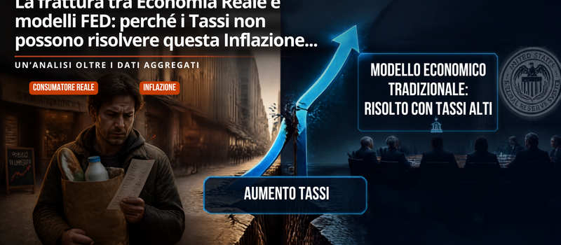 Copertina concettuale dell'articolo: sulla sinistra un consumatore preoccupato con la spesa fronteggia l'inflazione, mentre sulla destra la Federal Reserve applica modelli econometrici tradizionali con l'aumento dei tassi di interesse.