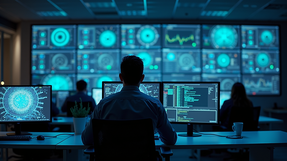 High angle view of a cybersecurity operations center with advanced monitoring systems