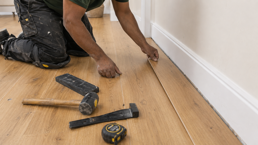 Professional installer laying wood floor in Stockport