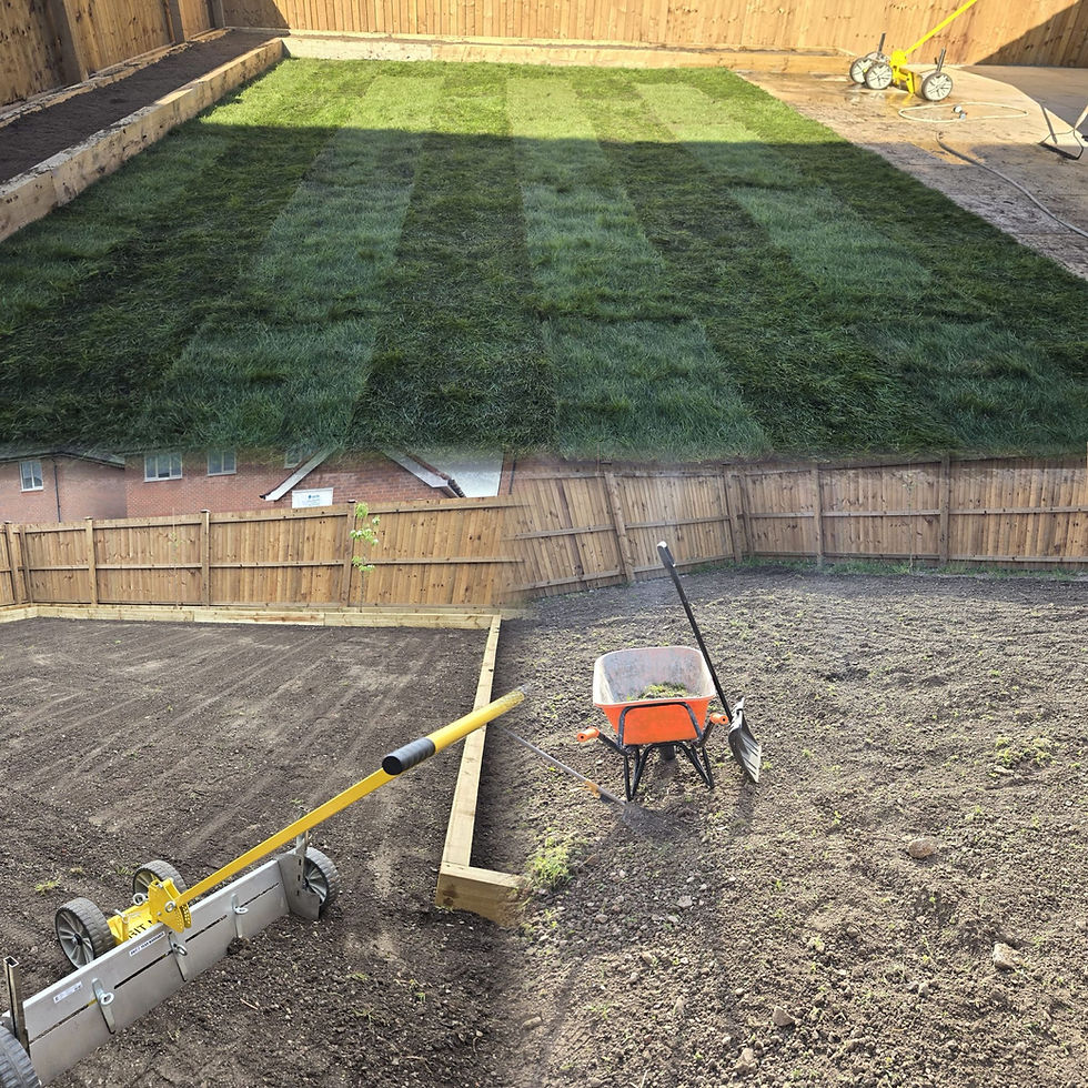 Before and after of landscaping projects Stockport showing new turf.