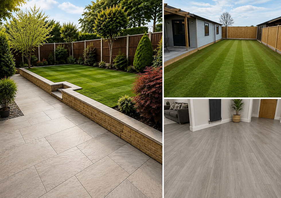 Completed landscaping projects Stockport showing patio, lawn, and flooring.