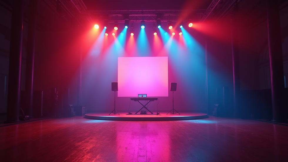 Eye-level view of a vibrant stage setup with colorful lights
