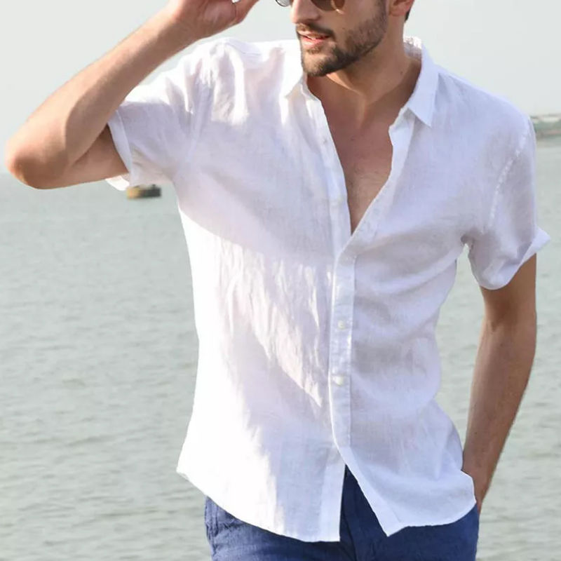 Men's Casual Short Sleeve Shirts Leisure Street Wear Lapel Button-down Solid Col