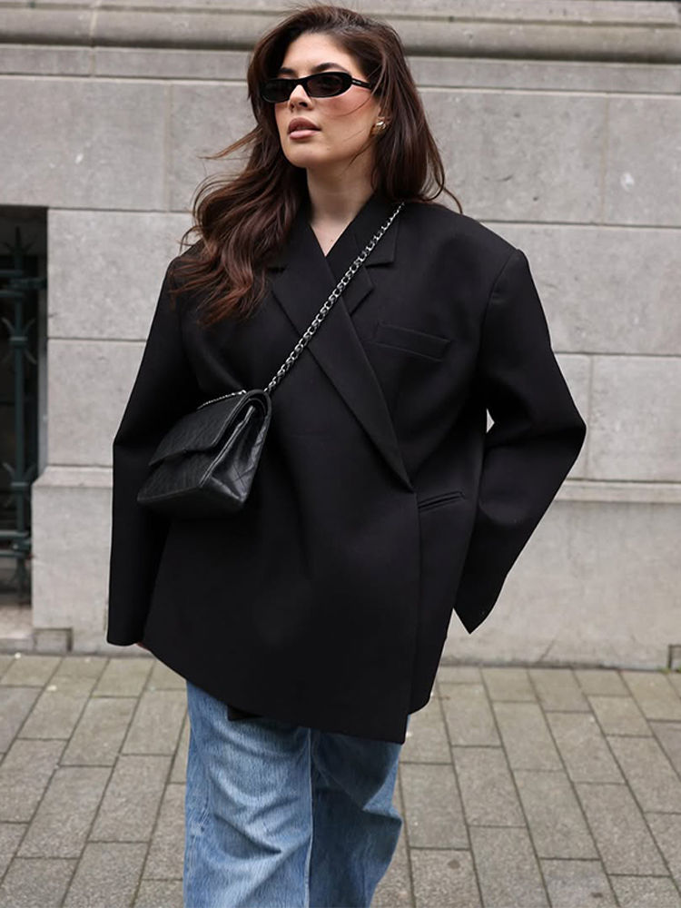 Solid Loose Lapel Blazer Coat Women Fashion Full Sleeve Pocket One Button Jacket