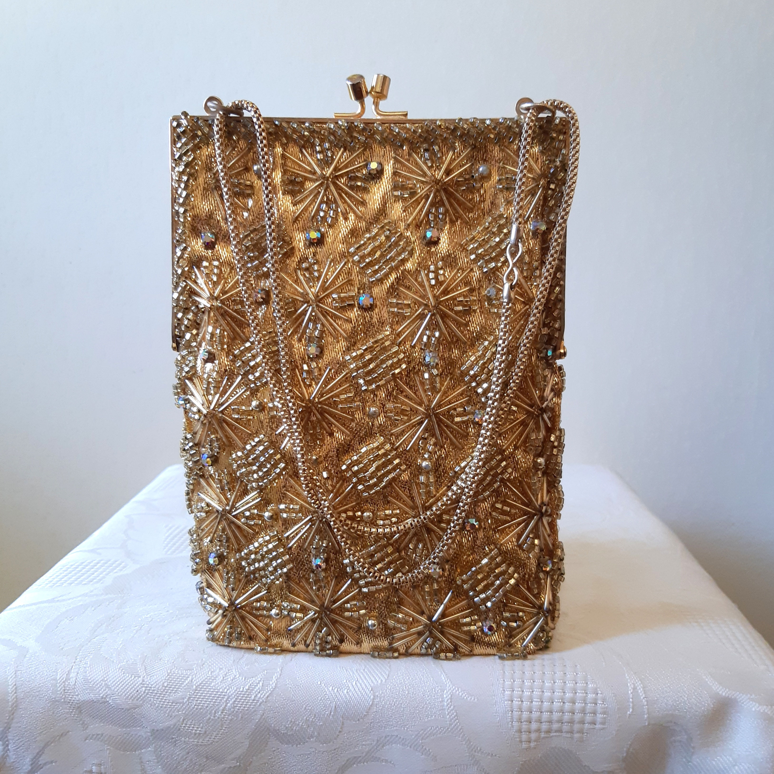 Le Soir vintage gold evening bag with bead and crystal detail