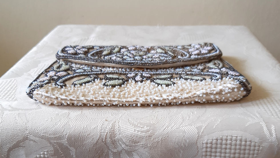 Thumbnail: 1940s/50 Ivory satin multicolour beaded clutch bag made for Harrods