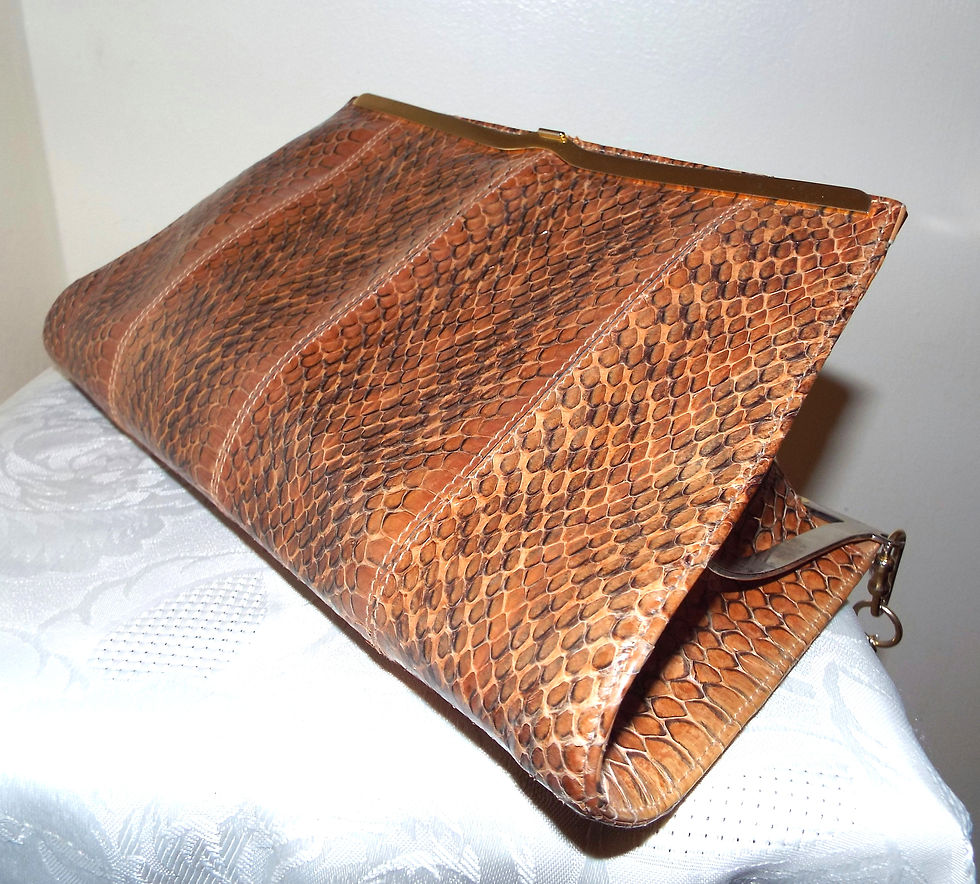 Thumbnail: Glossy tan snakeskin effect clutch or shoulder bag with chain strap