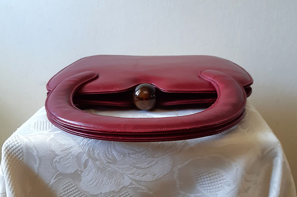 Thumbnail: 1940s/50s deep red leather handbag with amber effect ball clasp