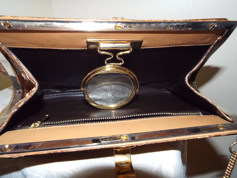 Thumbnail: Glossy tan snakeskin effect clutch or shoulder bag with chain strap