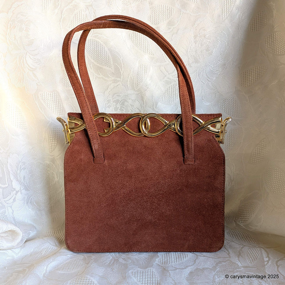 Thumbnail: Copper tan suede handbag with pretty goldtone twist decoration