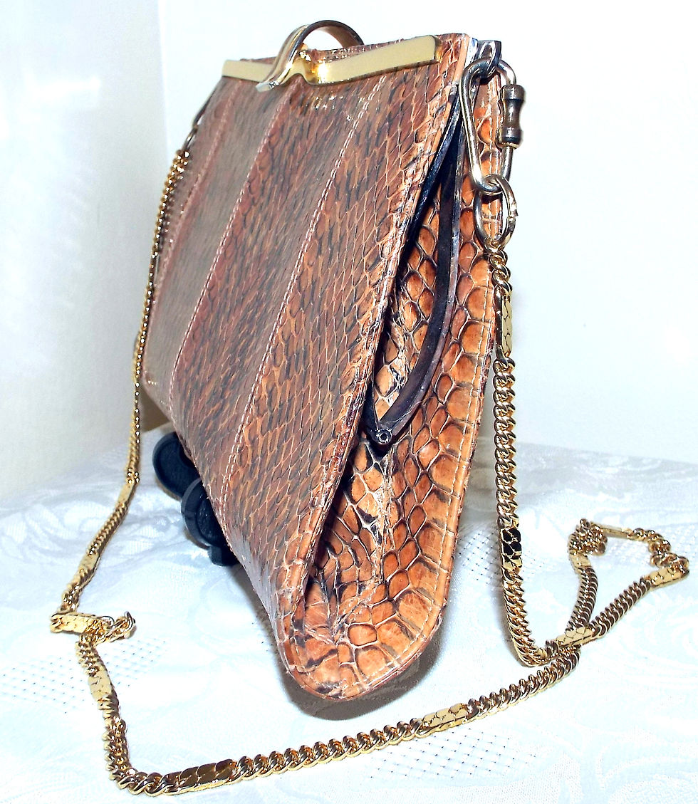 Thumbnail: Glossy tan snakeskin effect clutch or shoulder bag with chain strap