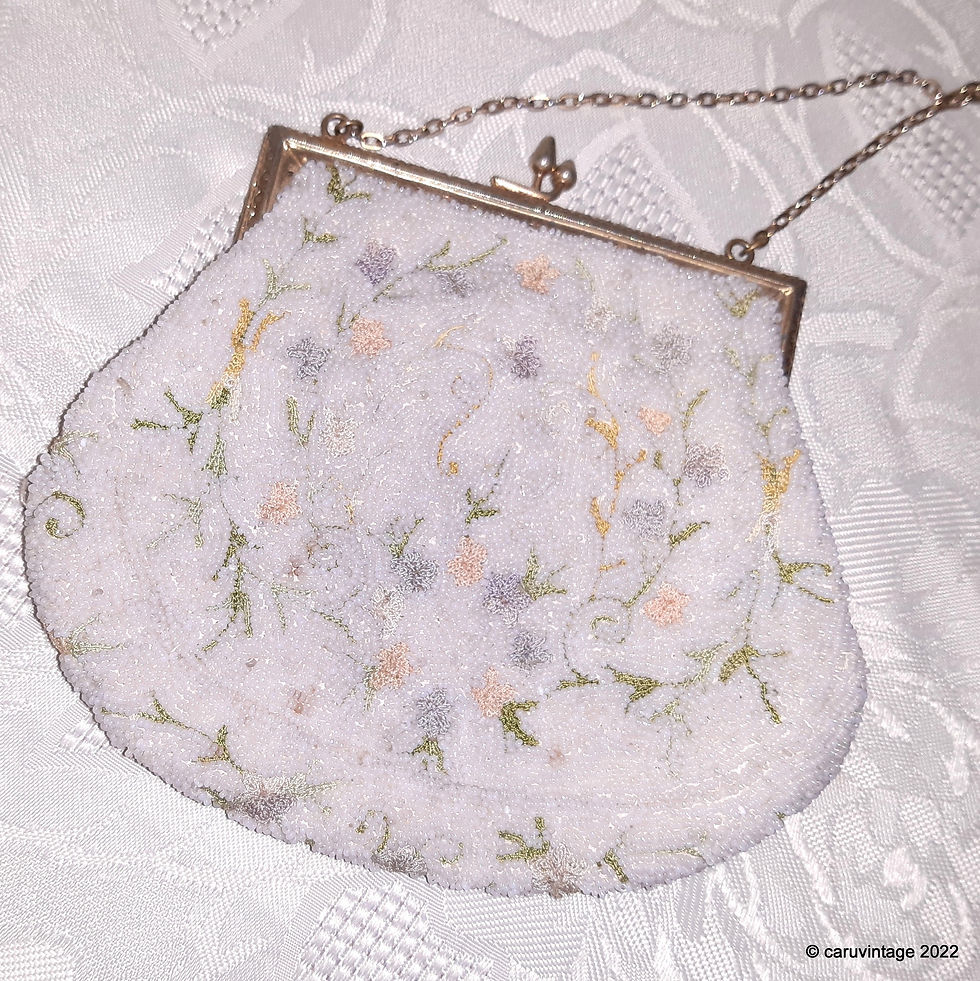 Thumbnail: 1930s ivory white beaded very small handbag with chain strap