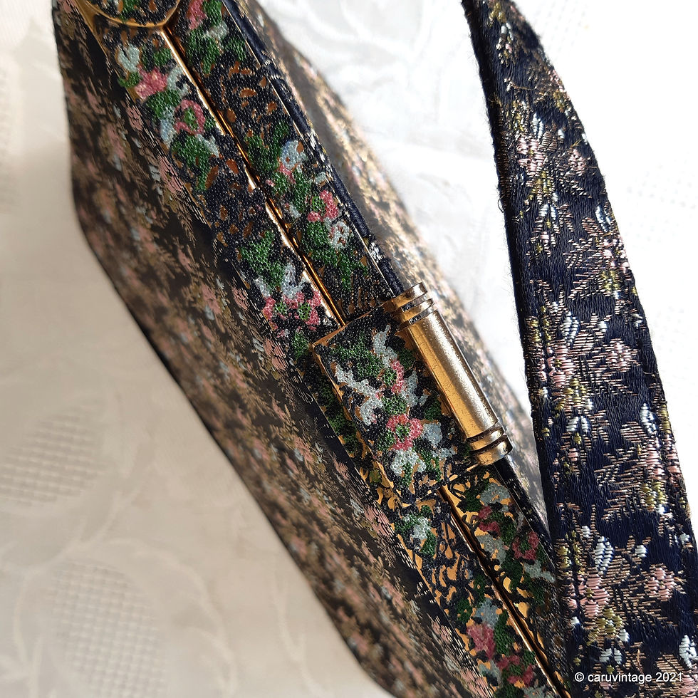 Thumbnail: 1950s Waldybag black brocade boxy evening bag, handpainted frame