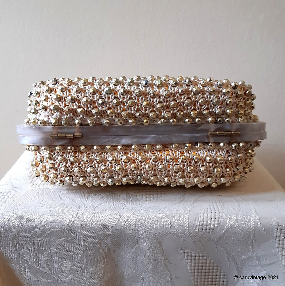 Thumbnail: 1950s gold beaded rigid handbag with Mother of Pearl effect lucite frame
