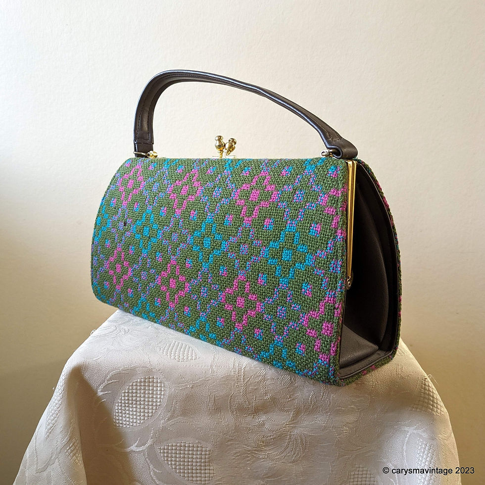 Thumbnail: Vintage Welsh Wool green,pink and turquoise handbag