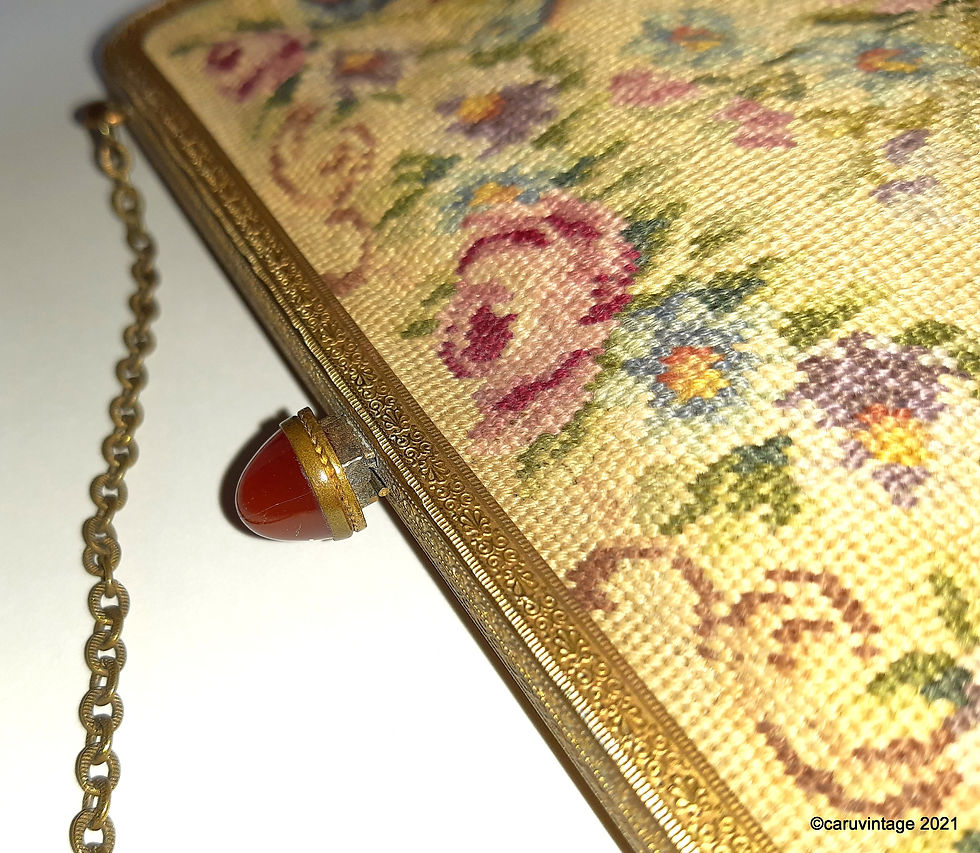 Thumbnail: 1930s/40s Light tan floral needlepoint evening bag with gem stone clasp