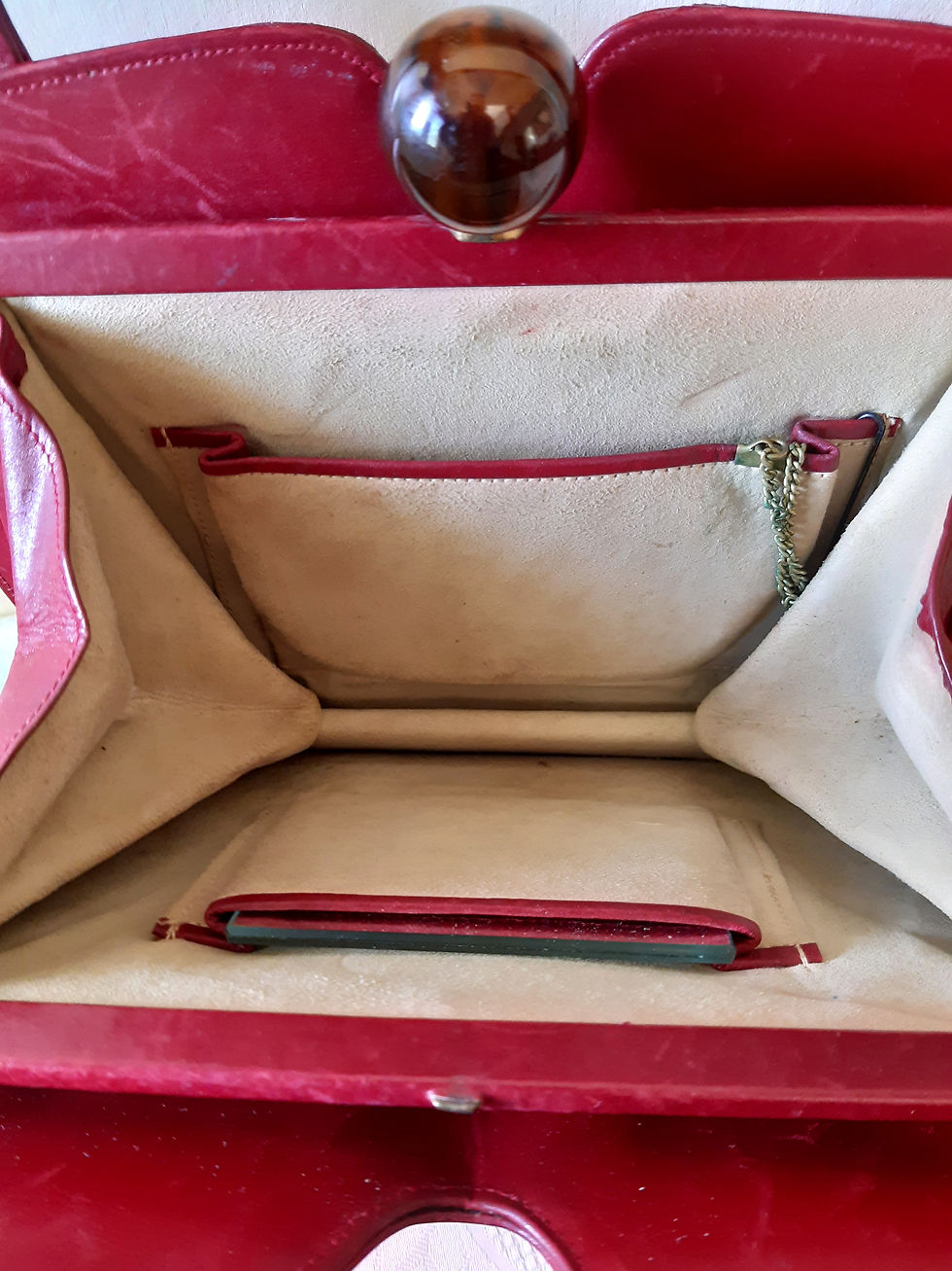 Thumbnail: 1940s/50s deep red leather handbag with amber effect ball clasp