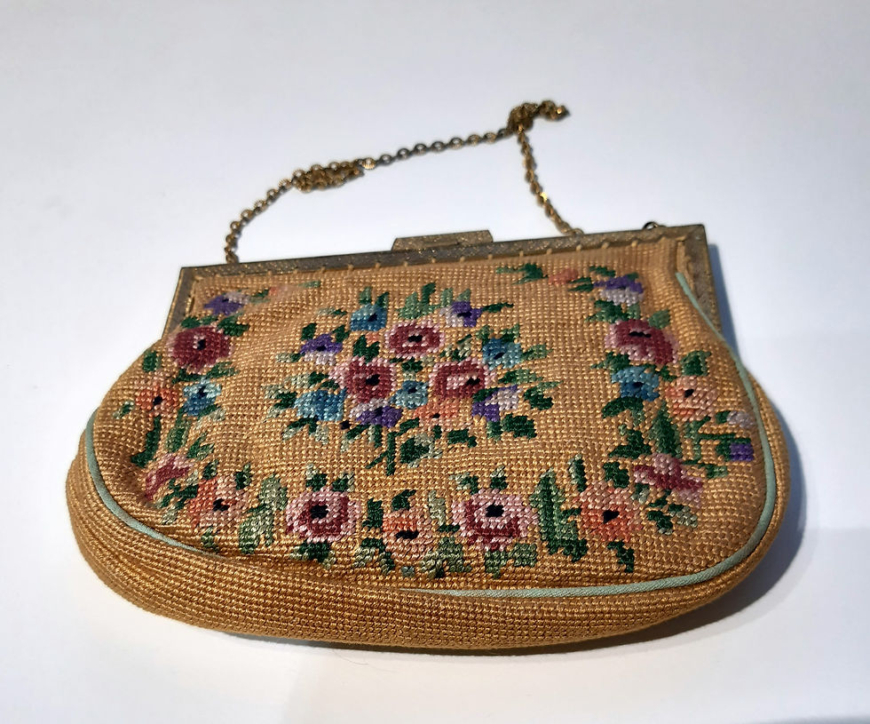 Thumbnail: Beige embroidered petit point handbag with ornate frame and matching coin purse