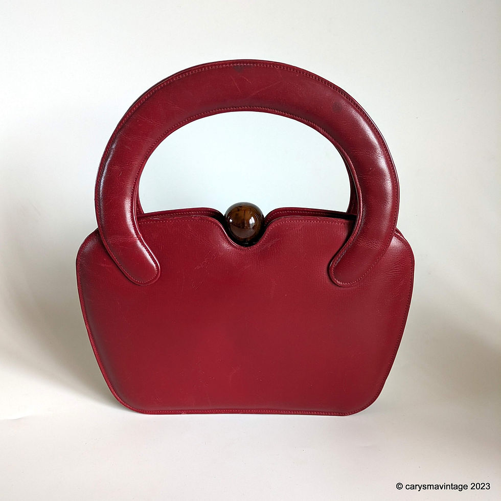 Thumbnail: 1940s/50s deep red leather handbag with amber effect ball clasp