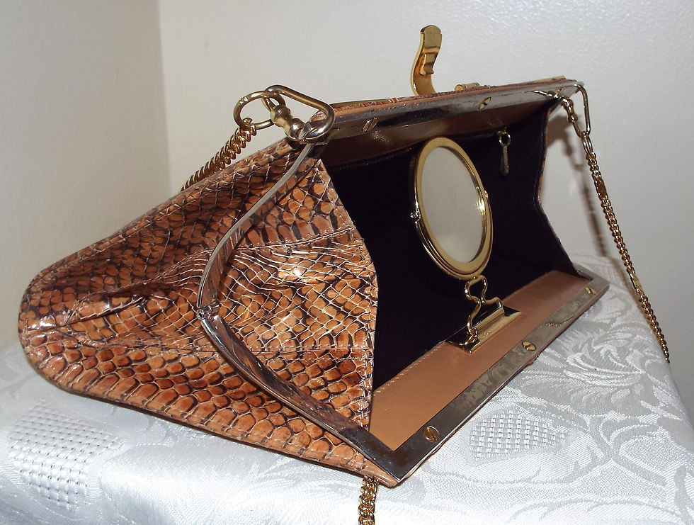 Thumbnail: Glossy tan snakeskin effect clutch or shoulder bag with chain strap
