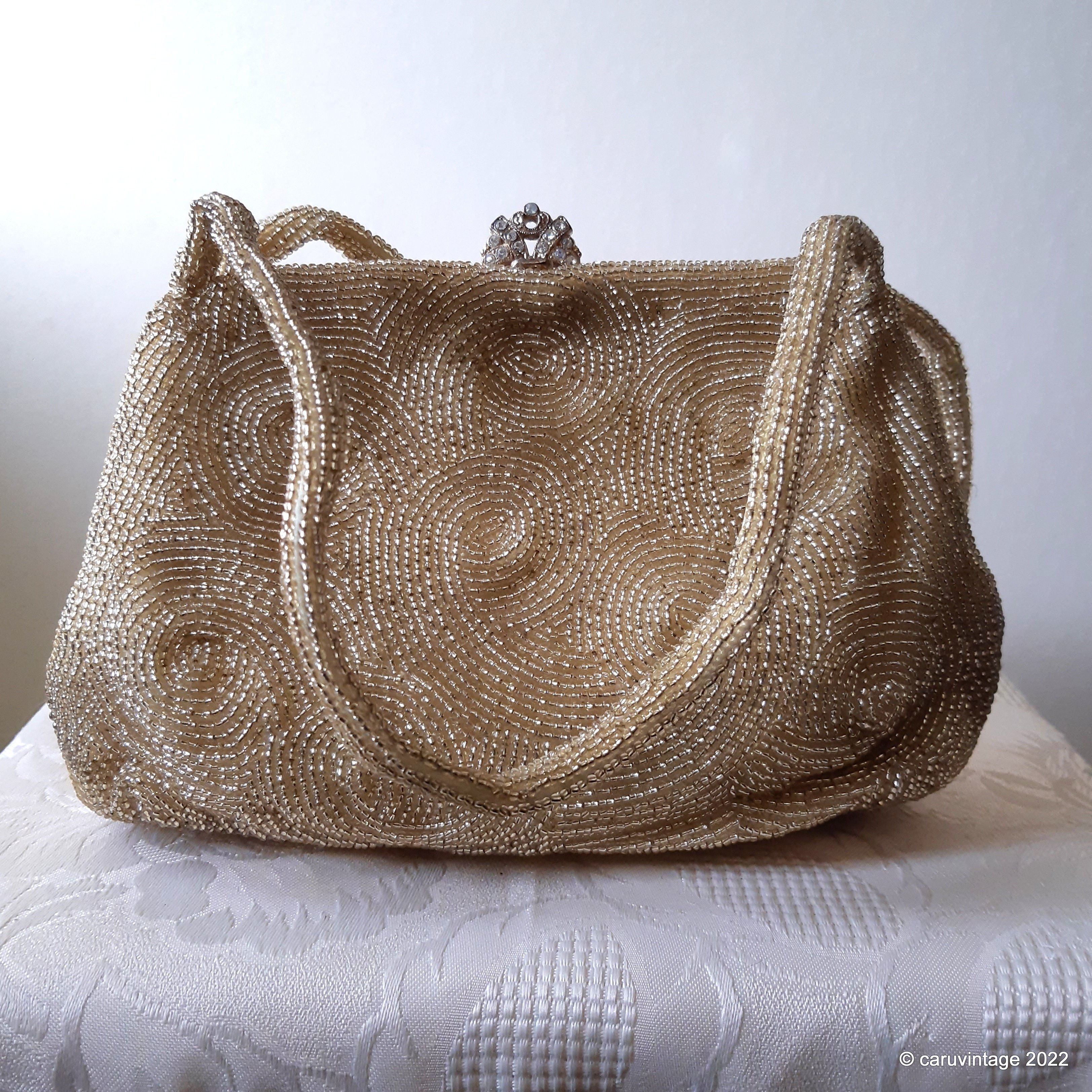 Walborg gold heavily beaded evening bag with diamante clasp