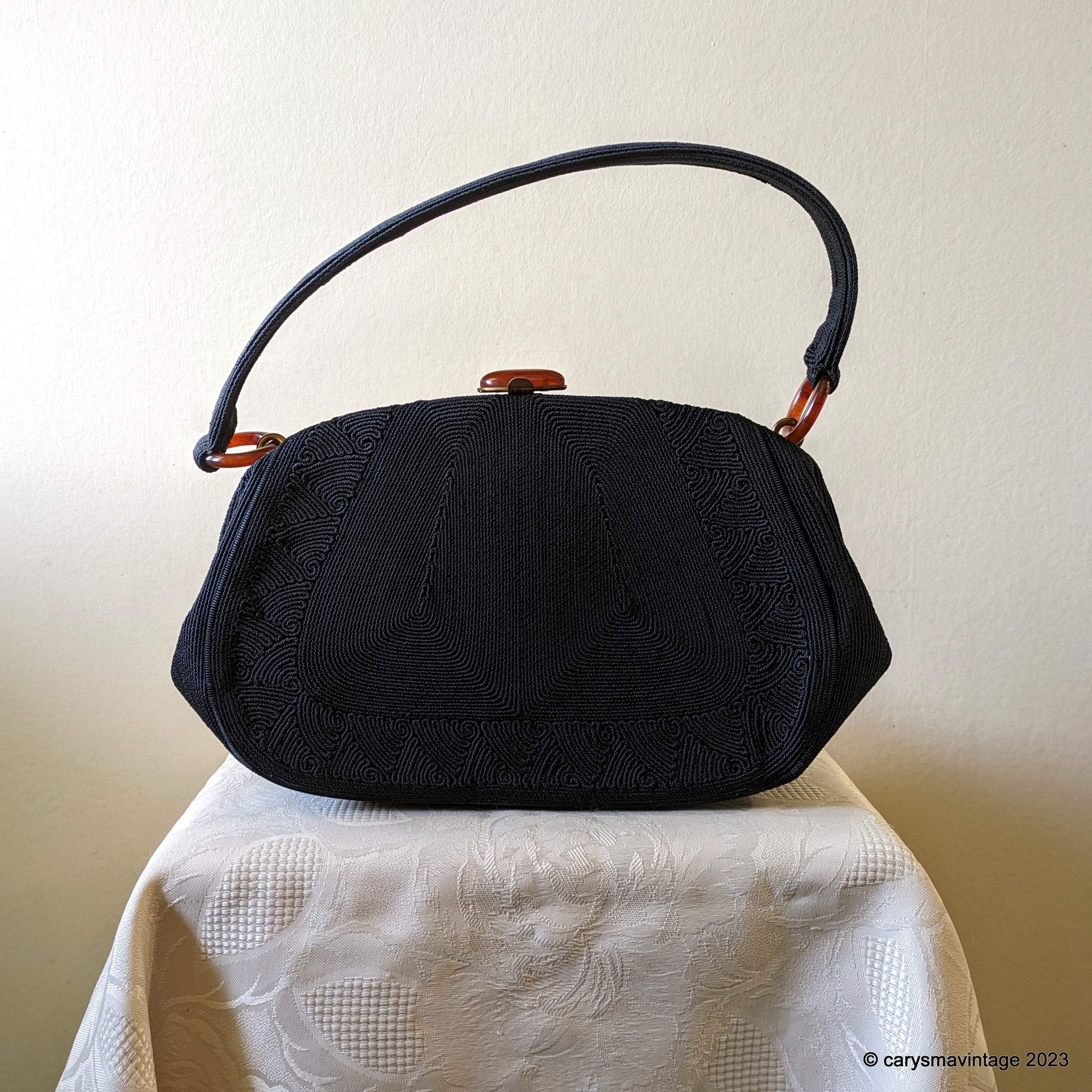 1940s Genuine Corde black handbag with amber coloured fittings