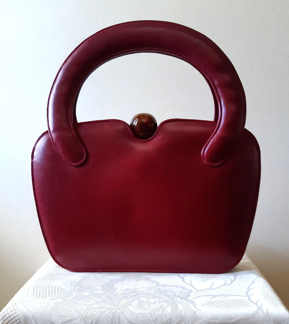 Thumbnail: 1940s/50s deep red leather handbag with amber effect ball clasp