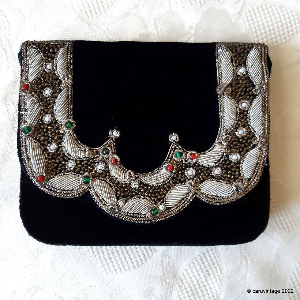 Thumbnail: Black velvet Zardozi style embroidered small evening bag with cord strap