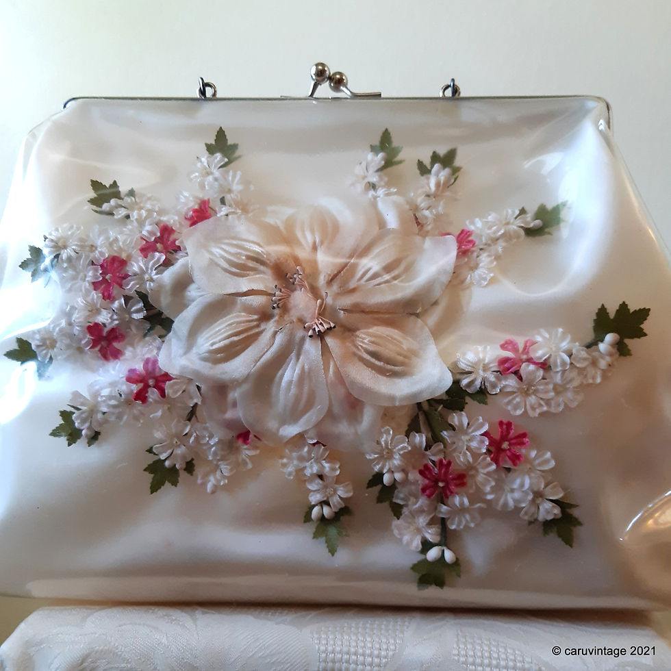 Thumbnail: 1950s large ivory vinyl handbag with encased flowers and plastic/lucite handle