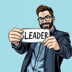 MEN IN TURQUOISE BLUE holding card sign that says leader.jpg