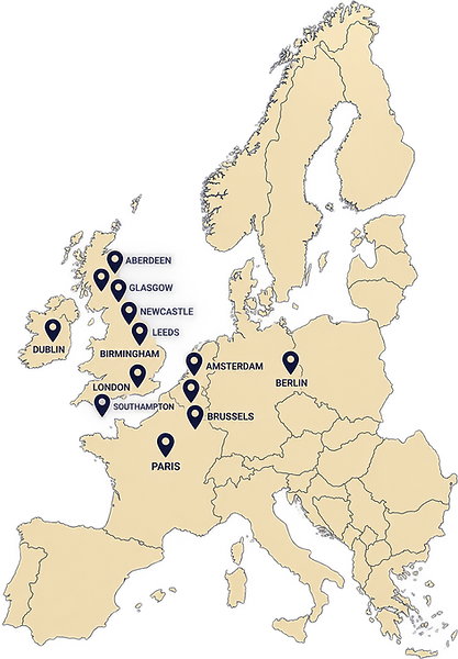 Map of Europe with WJO Stays contractor accommodation locations.