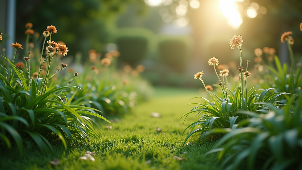 Eye-level view of a lush green garden with various plants and flowers