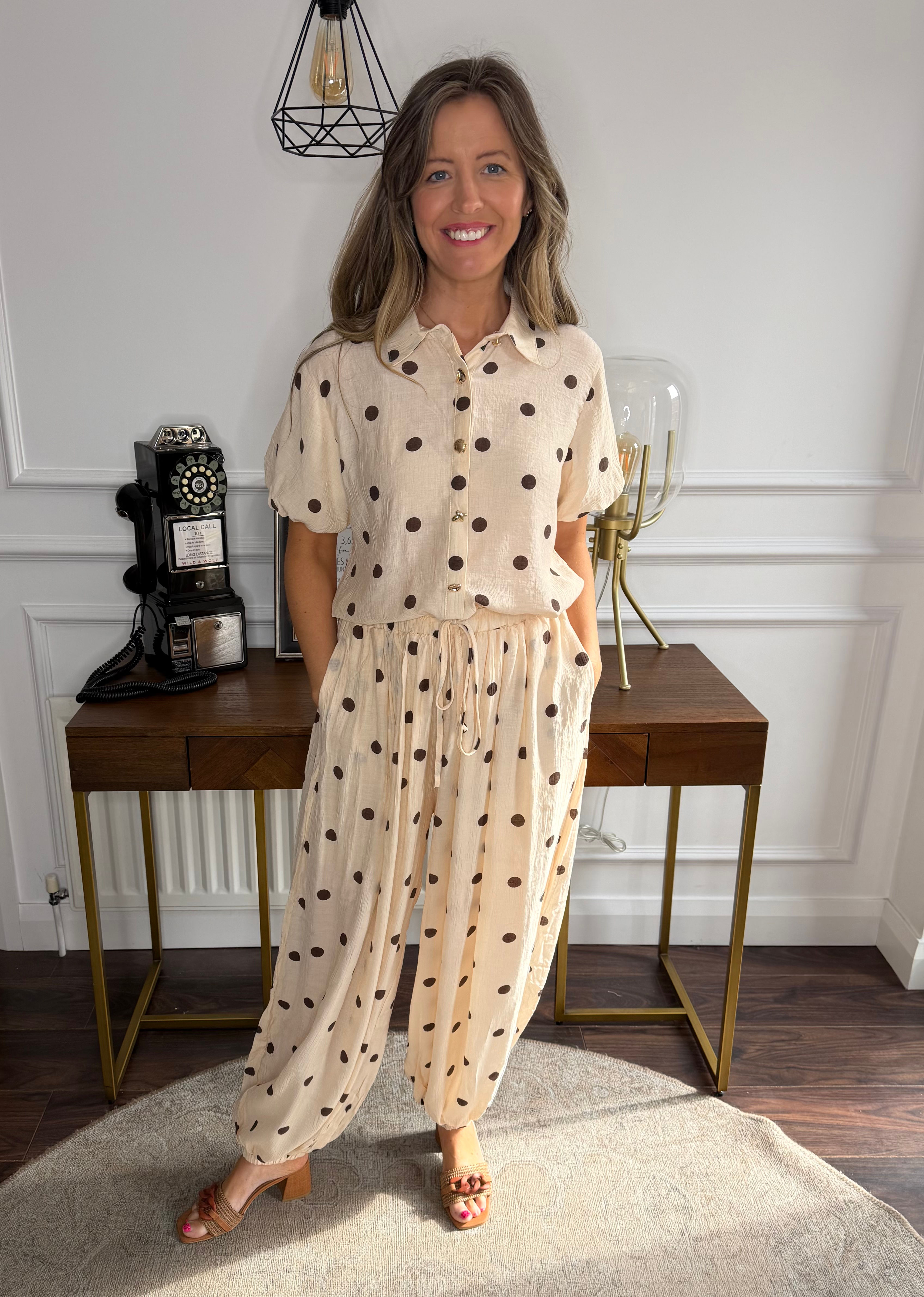 Hayley polka dot two piece set - BEIGE 