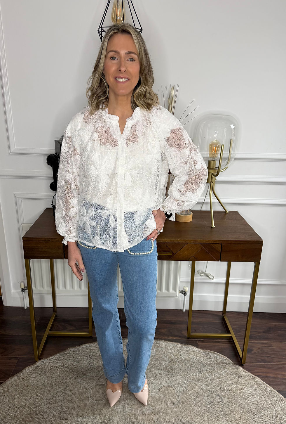 Thumbnail: Hayley lace flower blouse - WHITE  