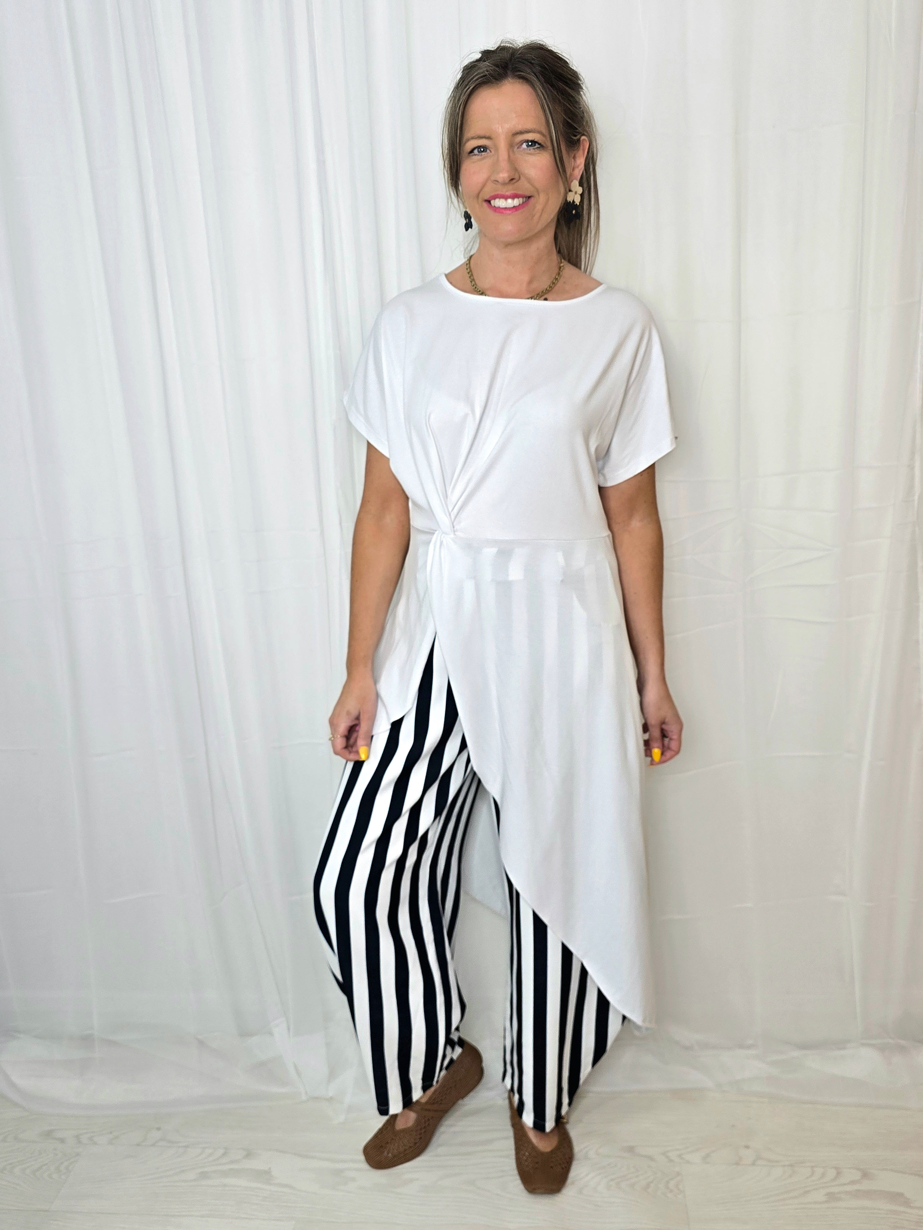 Robyn twist front top & stripe trousers set - WHITE/NAVY