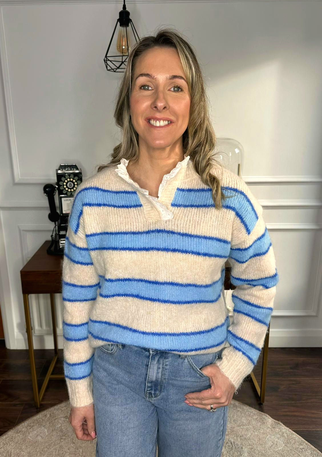 Drew frill collar stripe jumper - BLUE