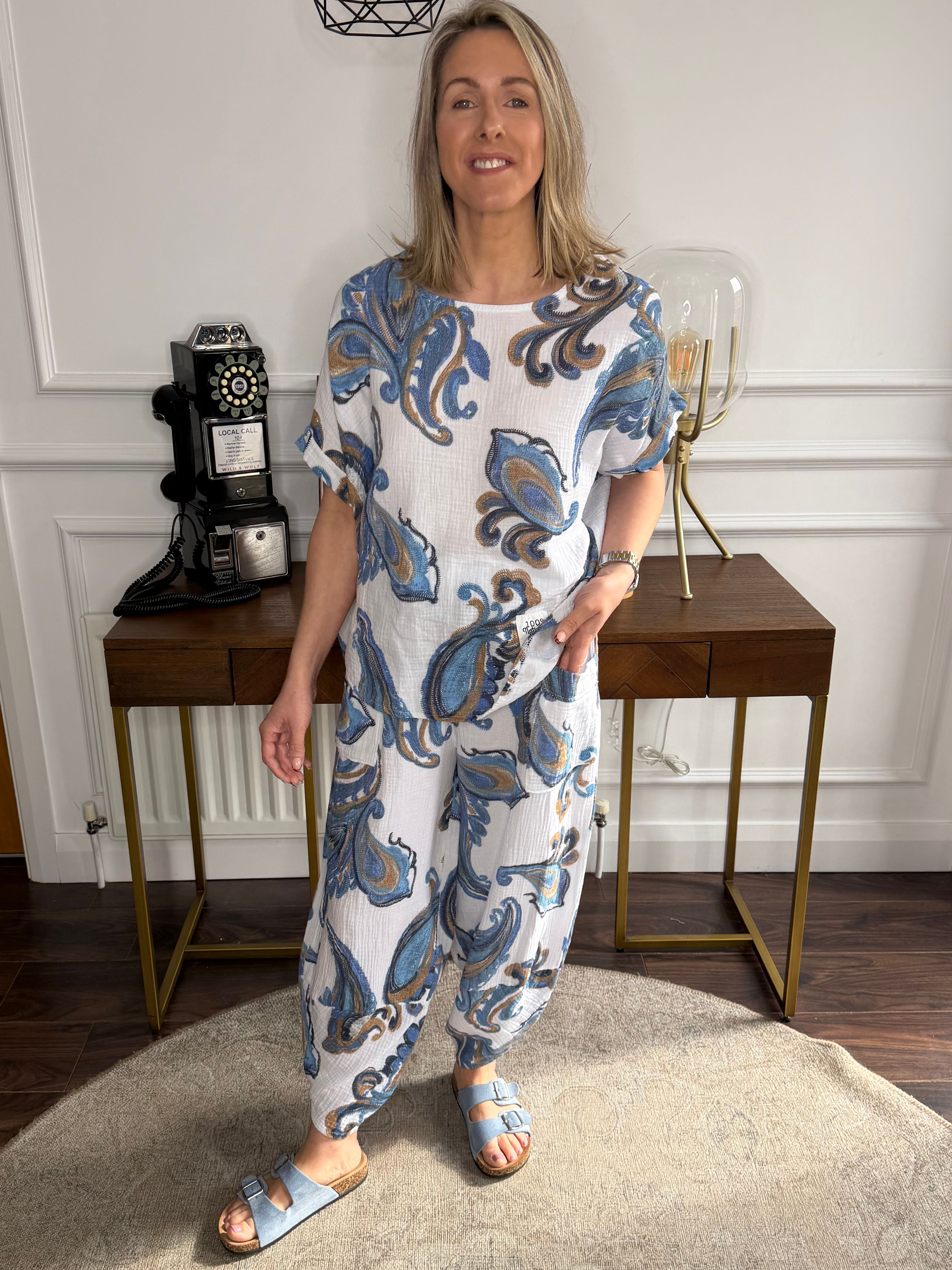 Poppy paisley print two piece co-ord WHITE 