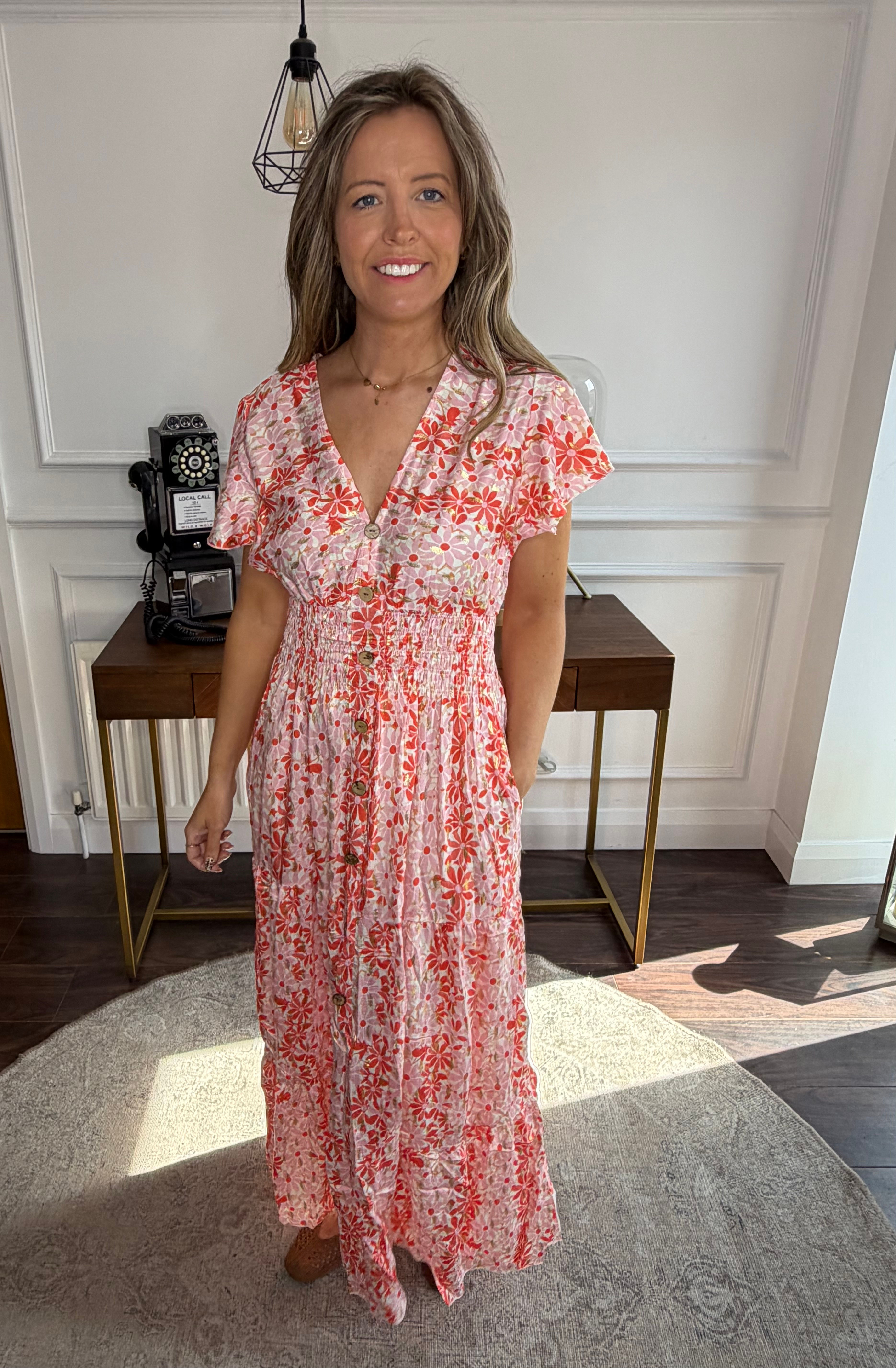 Carly floral button front midi - ORANGE