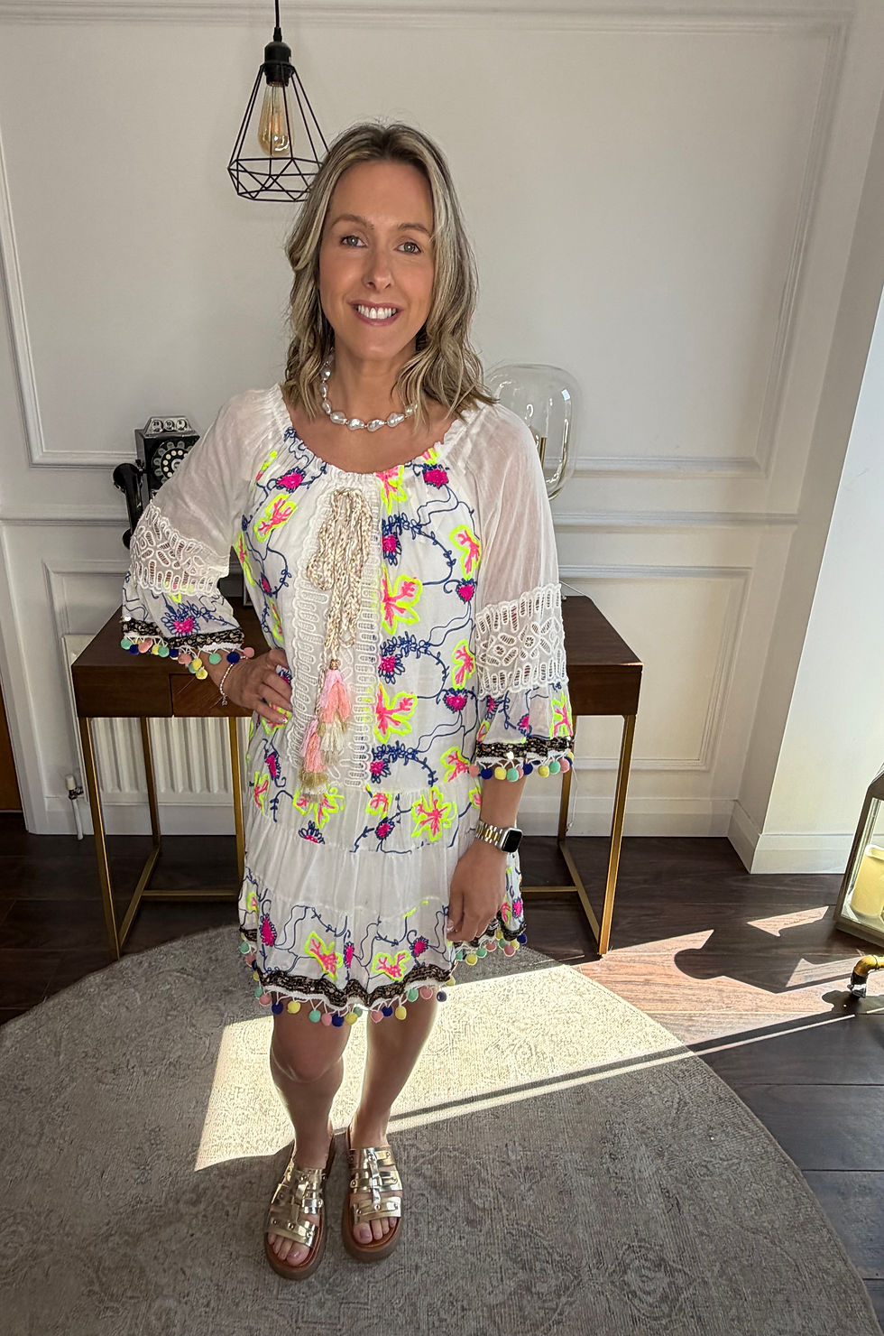 Thumbnail:  Carly boho pom-pom cover up dress - WHITE 